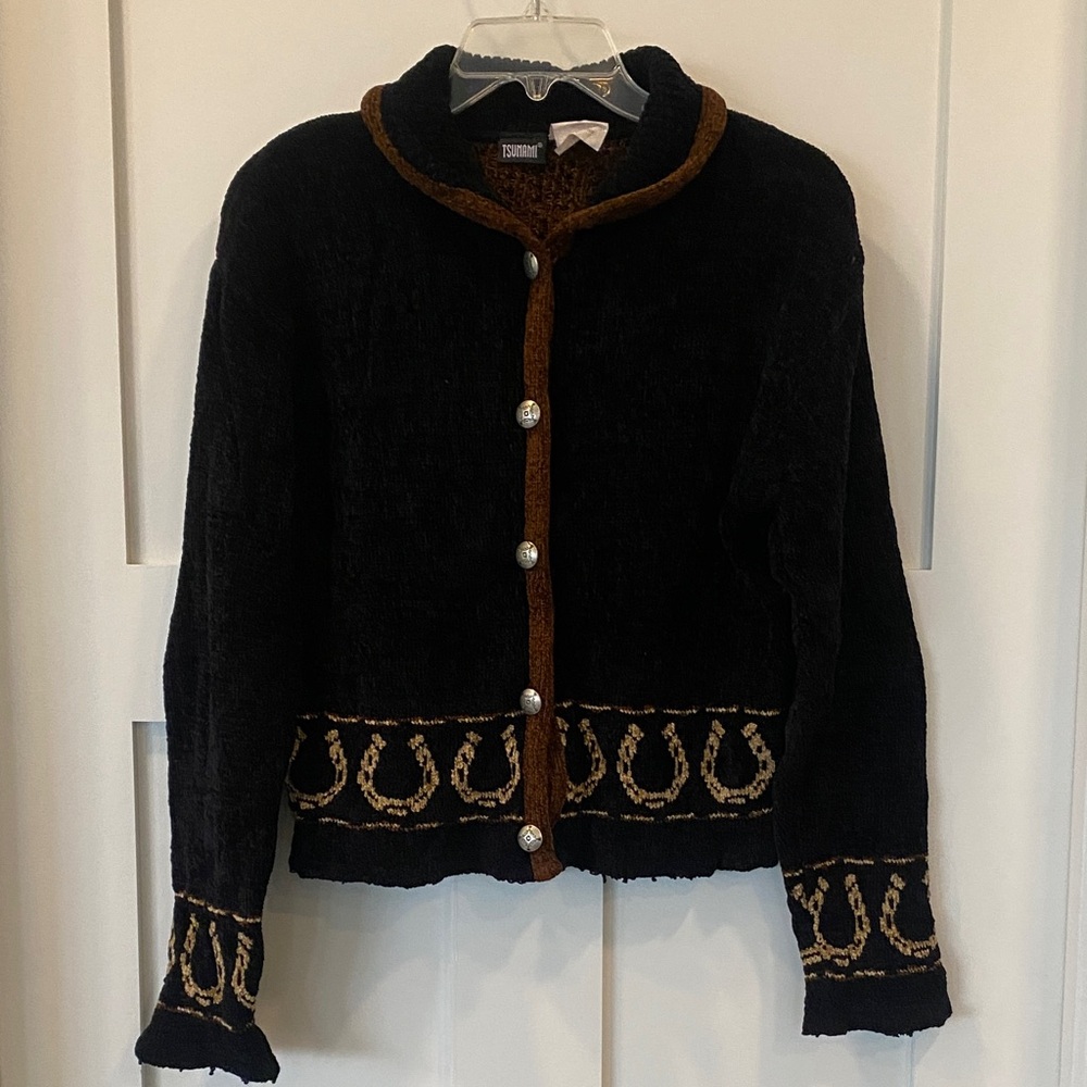 Vintage-Inspired Black Cardigan with Brown Trim